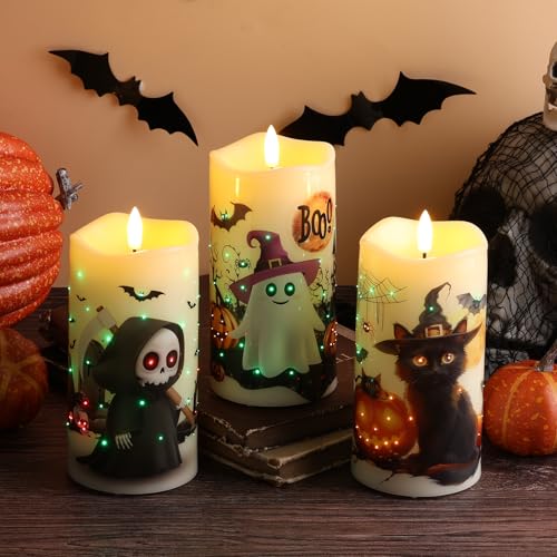 Halloween Fiber Optic Flameless Candle Set - Reaper, Cat, Ghost with Remote Control