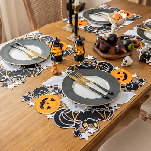 Rectangular Halloween Spooky Placemats Set of 4 - Embroidered Pumpkins & Bats, 13x19 Inch, Gothic Table Decorations for Parties