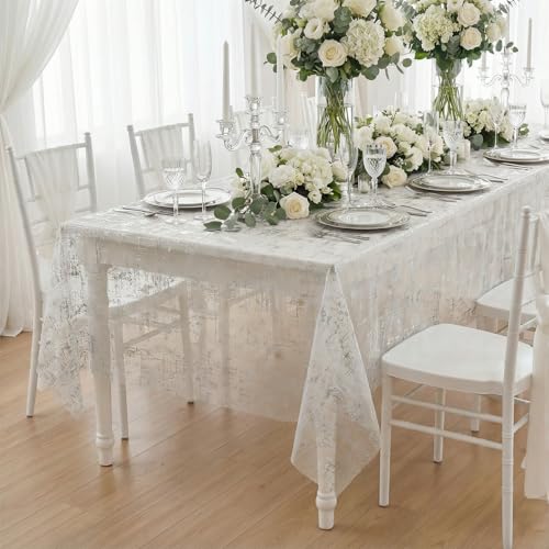 60x60 Inch White Silver Gauze Tablecloth with Silver Star Sequin for Wedding & Party - Sheer Tulle