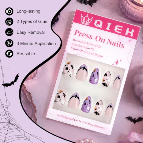 Halloween Press On Nails Short Almond with Pumpkin Bat Ghost Design - 32 Pcs - Variation 1