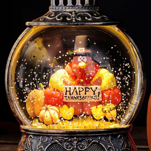 9.85 Inch Fall Decor Snow Globe Lantern with Turkey and Pumpkins - Thanksgiving Table Centerpiece