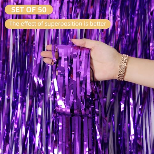 Purple Foil Fringe Curtains 50 Pack - 3.2ft x 8.2ft Tinsel Backdrop for Parties - Purple