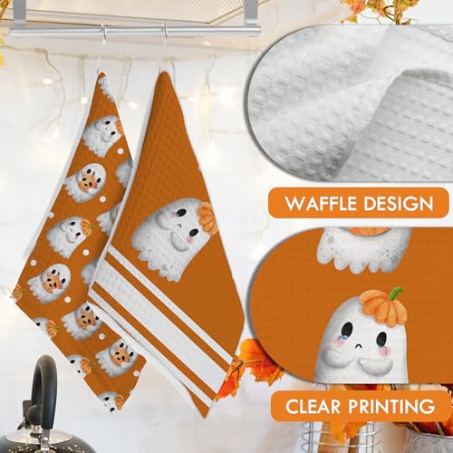 Halloween Kitchen Towel Set - Ghosts & Orange Bows, 2 Pack, Indoor Home Decor