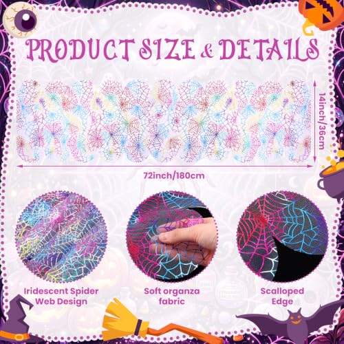 Irenare Iridescent Spider Web Table Runner - Halloween Pastel Decor, 14x70 Inches - Variation 1