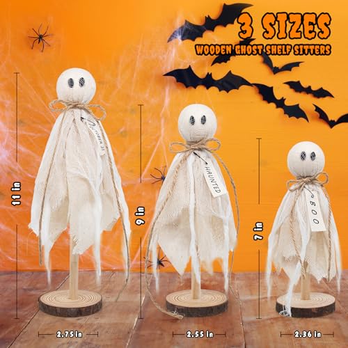 Wooden Ghost Halloween Decorations Indoor Set of 3 Rustic Shelf Sitters with Fabric Ghosts - White Variation