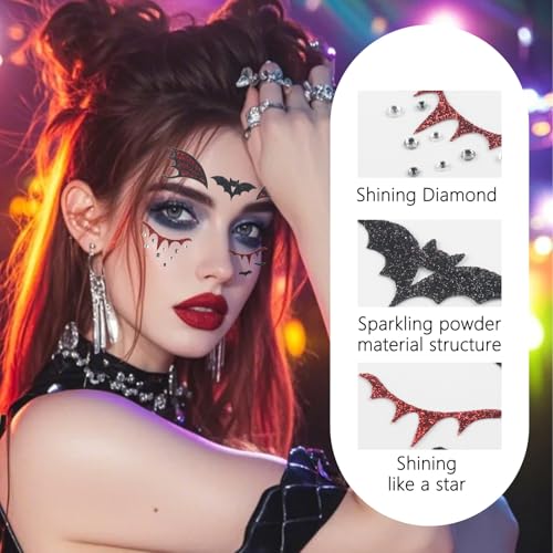 Halloween Face Tattoo Bat Face Stickers with Rhinestones & Glitter - Variation 07.Halloween A