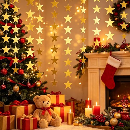 158Ft Gold Star Banner Streamers - 12 Pack Iridescent Glitter Stars Party Decor