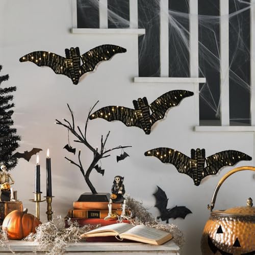 Large 3-Pack Indoor Bat Wall Decor with Lights - Spooky Halloween Decorations