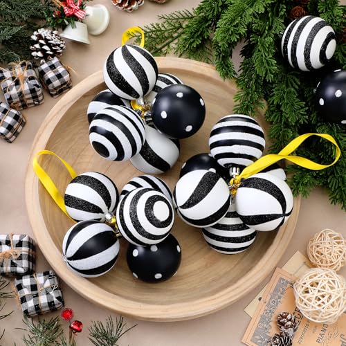 Black and White Christmas Ball Ornaments Set - 24 Pcs, Shatterproof, Classic Style