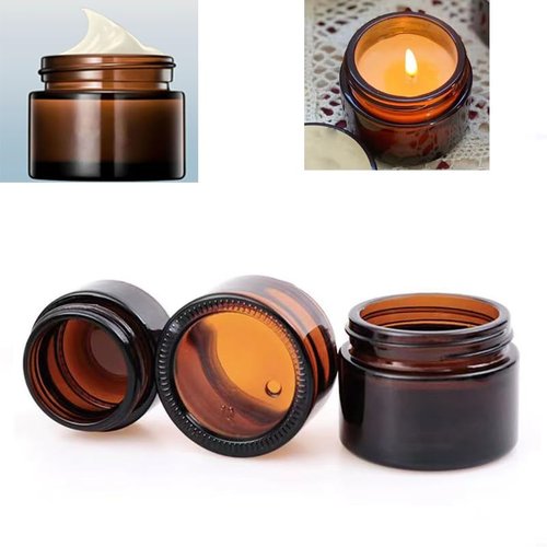 4Pack 50g Amber Glass Cosmetic Cream Jars,Empty Sample Jars Containers Pot with Wood Grain Lids for Lotion,Lip Balm,Eye Cream,Scrubs Creams,Oils Salves,Ointments(Brown)