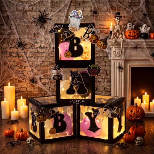 Halloween Baby Shower Decorations Set with Balloons, LED String Lights & Boxes