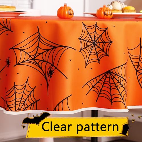 Orange 60-Inch Waterproof Spider Web Halloween Tablecloth - Round, Washable Party Decor