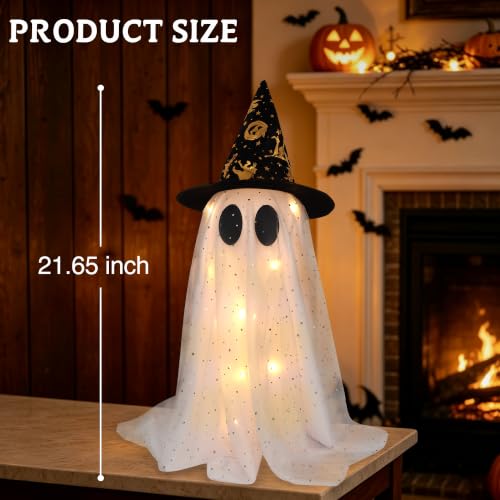 Halloween Ghost Decorations Set B - 2 Lighted 21.7 Inch Spooky Tabletop Decor with Witch Hats