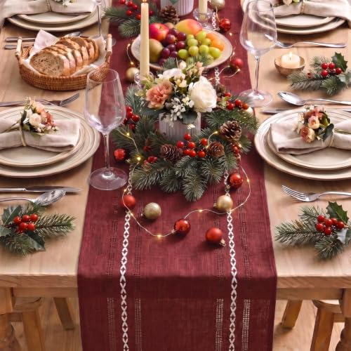 Red Embroidered Farmhouse Table Runner 13x36 Inch - Rustic Holiday Decor