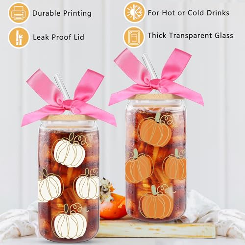 2 Pack 16oz Pumpkin Glass Tumbler Cups with Lids & Straws - Halloween Gift Set