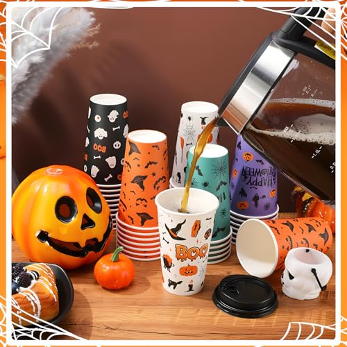50 Pack Halloween Disposable Coffee Cups 16oz with Lids & Sleeves - Spooky Party Drinkware