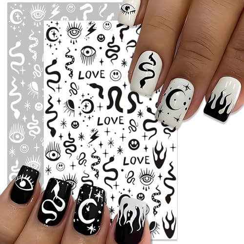 Gothic Nail Art Stickers - Black & White Moon Star Snake Fire Self-Adhesive 3D Decals - Halloween Punk Manicure - Variation of Gothic Snake
