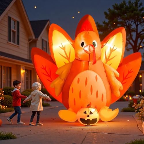 5FT Inflatable Halloween & Thanksgiving Turkey Pumpkin Yard Decor with LED Lights