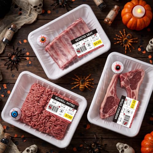 Halloween Spooky Meat Tray Labels Set with Plastic Eyeballs & Cling Film