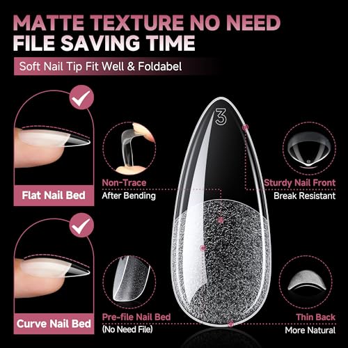 Almond Gel Nail Tips Set - Medium, 312pcs, Half Matte Finish, Variation A2