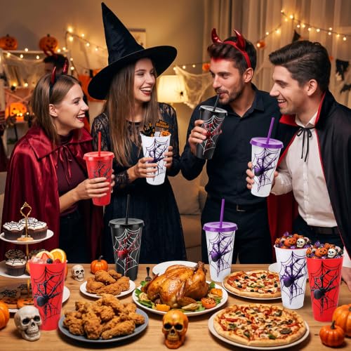 24 Pcs Spider Party Cups with Lids & Straws - Halloween & Themed Celebration Set
