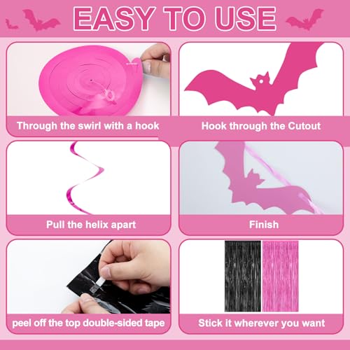 Pink Halloween Party Decorations with Fringe Curtains and Bat Design - Pink & Black Variation