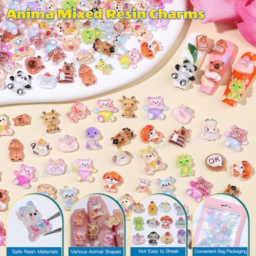 200PCS Cute Animal Nail Charms Set - 3D Resin Decorations for Nails Art - Variation of Animals