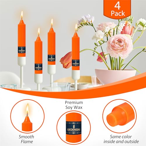 Orange Taper Candles 7 Inch - Unscented Dripless Long Burning for Wedding & Home Decor - Gedengni 4 Pack