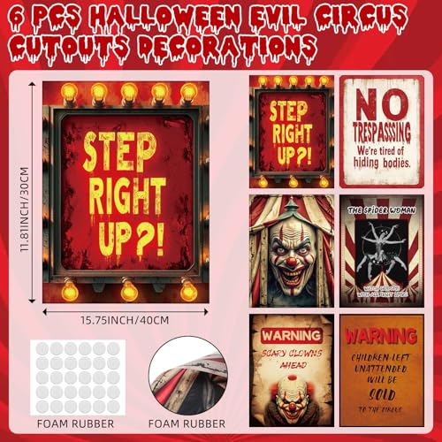 Preboun Halloween Circus Decorations Retro Poster Set - Creepy Carnival Wall Art, 6 Pieces