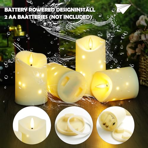 Outdoor Waterproof Flameless Candles Set - 3 LED Pillar Candles with Star String, Remote & Timer - Ivory, D 3.25"xH 4-6"