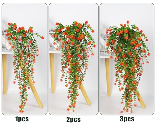 Artificial Hanging Plants Vines - Outdoor Greenery Decor - 30 Inch, Set of 3, Orange Red Variation