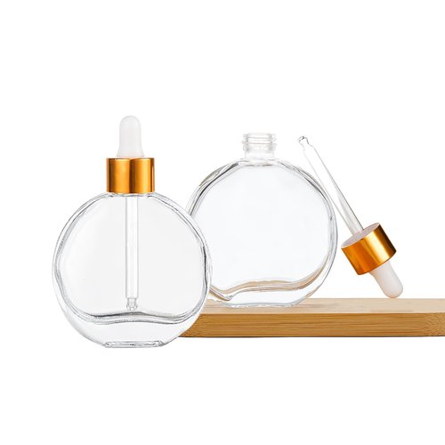 AGENIZ Clear Dropper Bottles 2 OZ 6 Pcs Transparent Round Flat Glass Bottles with Eye Dropper, for Perfume Serums Hair Oils and other liquids (Clear-Gold Lids, 2 OZ)