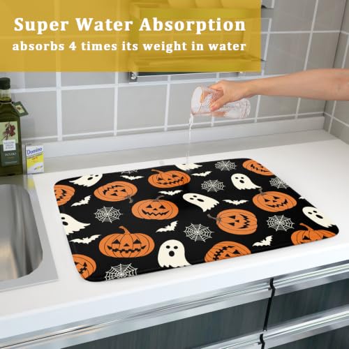 Halloween Dish Drying Mat for Kitchen Counter 24x18 Inch Pumpkin Spiderweb Reversible Microfiber