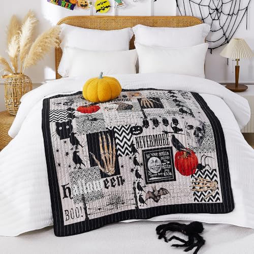 Grey Halloween Throw Blanket 50x60 Pumpkin Spider Ghost Pattern Soft Quilt