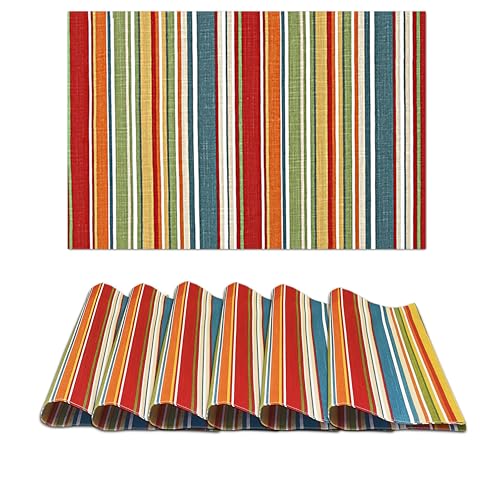 Cotton Placemats Set of 6 - 13x19 Inch Multi Stripe Reversible Table Mats