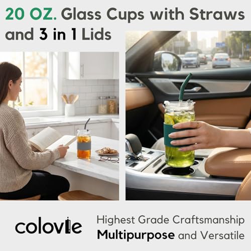 Glass Drinking Cups with Lids & Straws - Water Tumblers, 6 Pack
