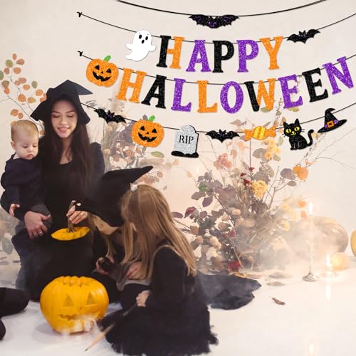 Halloween Banner Garland with Glitter Letters & Icons - Party Decorations