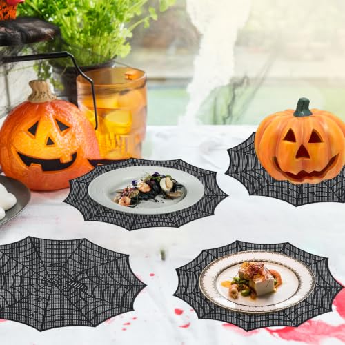 Spider Web Halloween Placemats Set of 8 - Black Round Table Mats, Heat-Resistant