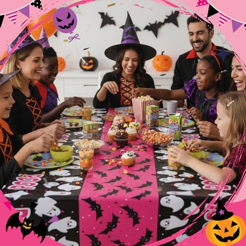 Pink Halloween Tablecloth Set - Ghost & Bat Party Decorations, Waterproof Plastic, 3 Pack