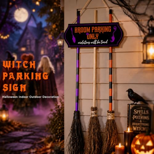 Halloween Broom Parking Sign with 3 Wooden Witch Brooms - Spooky Outdoor Decor