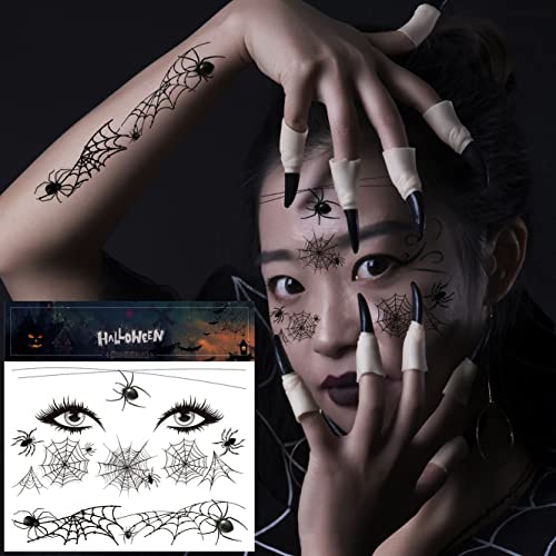 Spider Net Face Tattoos - 12 Sheets Halloween Temporary Tattoos for Men Women Kids