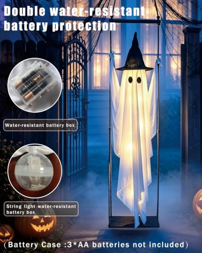 Large Halloween Hanging Ghost Decor - 5.2FT Outdoor Swing Ghost with Lights & Face Customization