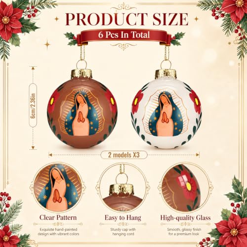 Virgin Mary Christmas Ornament Set - 6 Glass Our Lady of Guadalupe Decorations