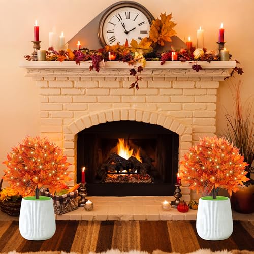Artificial Maple Topiary Trees with LED Lights - 27 Inches Set of 2 for Indoor Outdoor Decor