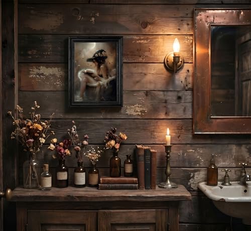 Halloween Witch Bathroom Canvas Wall Art - Framed 16x12 Inch Witch Reading Book in Bathtub - Gothic Home Decor