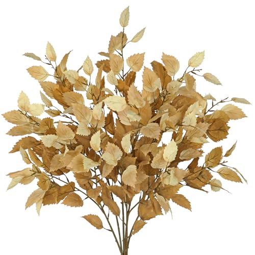 Artificial Fall Birch Leaves Stem - Light Brown 6 Pcs Faux Autumn Greenery, 33.4" Tall for Thanksgiving & Wedding Decor