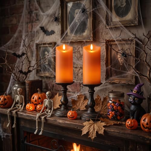 Fall Decorations Flameless Orange Pillar Candles with Remote - Seasonal Halloween & Thanksgiving