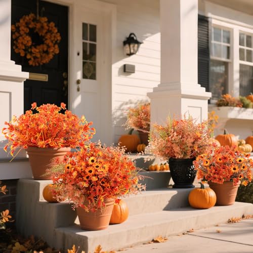 Fall Artificial Flower Bundles - UV Resistant Faux Mums Eucalyptus for Outdoor & Indoor Decor - Fall A