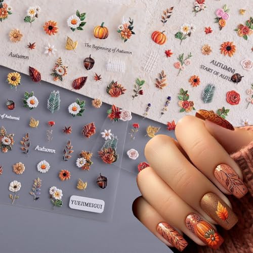 Pumpkin Maple Leaf Nail Art Stickers - Autumn 3D Embossed Decals for Manicure