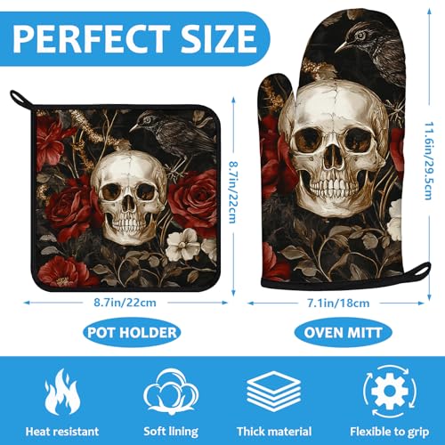 Halloween Skull Rose Crow Oven Mitts & Pot Holder Set - Heat Resistant Kitchen Accessories